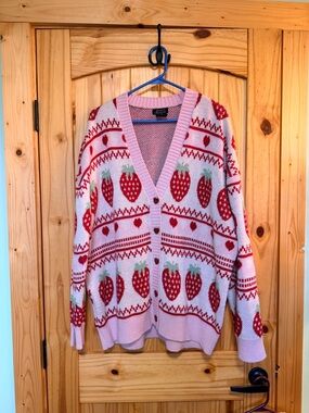Hot Topic Pink Cardigan with Red Strawberry Motif